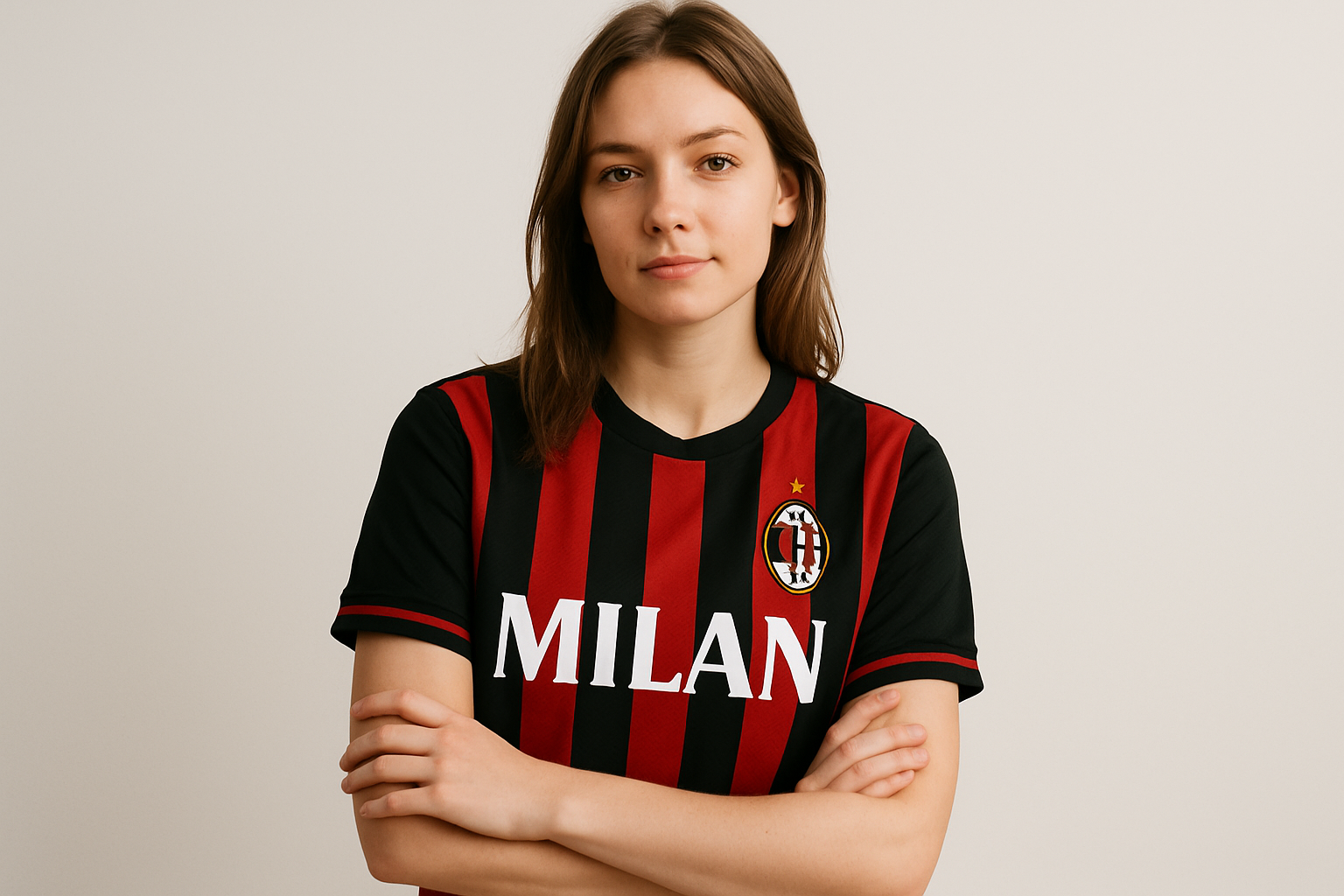 a woman with Milan shirt with short sleeve